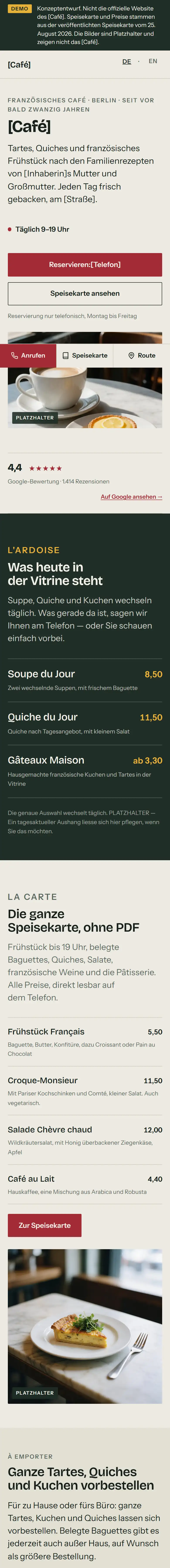 Startseite des anonymisierten Café-Entwurfs: heller Satz, roter Reservierungsknopf, Bild einer Tartelette.