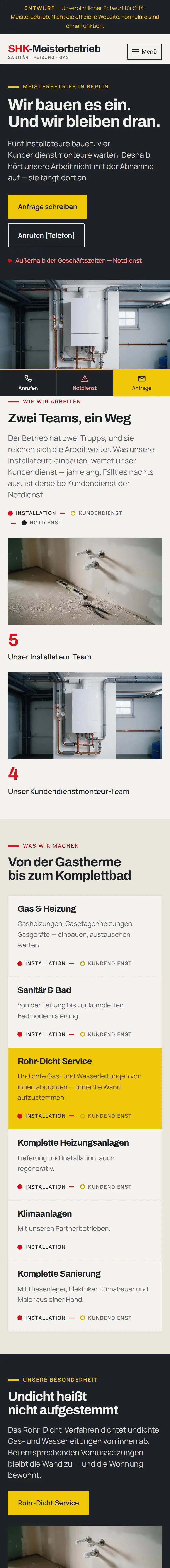 Startseite des anonymisierten SHK-Entwurfs: dunkler Kopf, gelbe Handlungsfarbe, Aufnahme eines Heizraums.