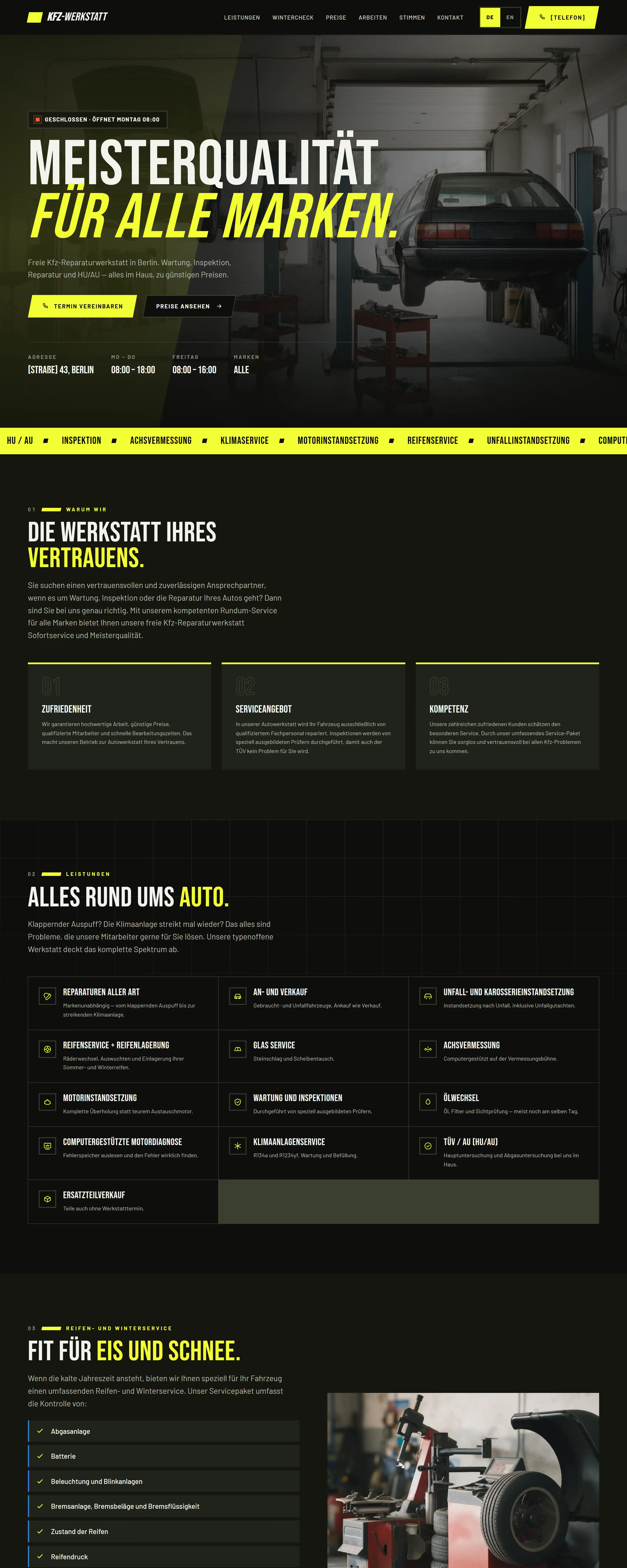 Startseite der Werkstatt: dunkles Layout mit signalgelber Schrift, Öffnungsstatus und Preistabelle. Name und Anschrift sind entfernt.