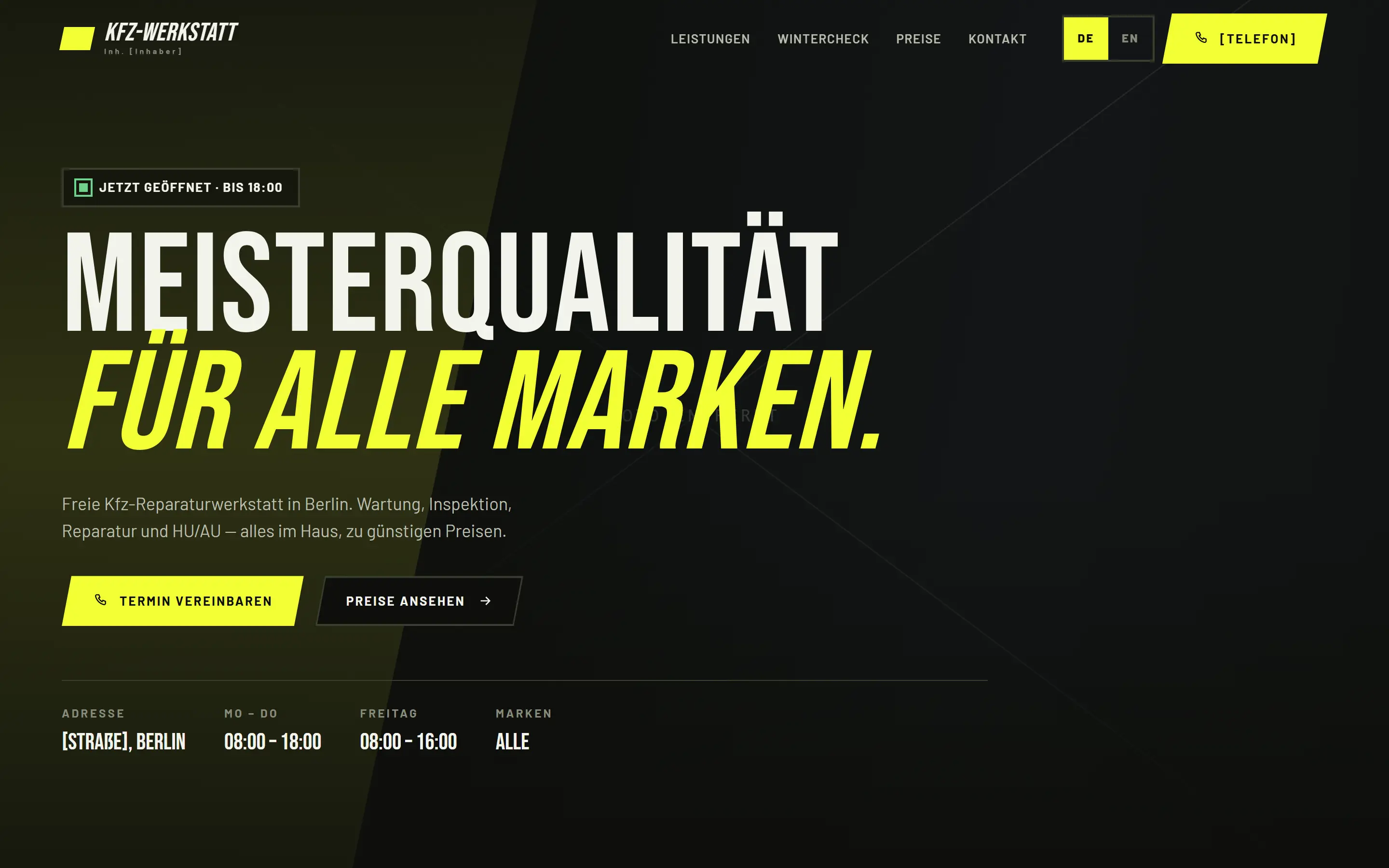 Startseite der Werkstatt: dunkles Layout mit signalgelber Schrift, Öffnungsstatus und Preistabelle. Name, Anschrift und Fotos sind entfernt.