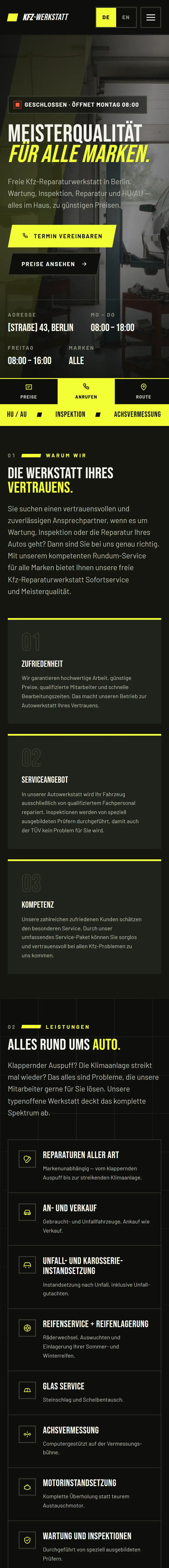 Startseite der Werkstatt: dunkles Layout mit signalgelber Schrift, Öffnungsstatus und Preistabelle. Name und Anschrift sind entfernt.