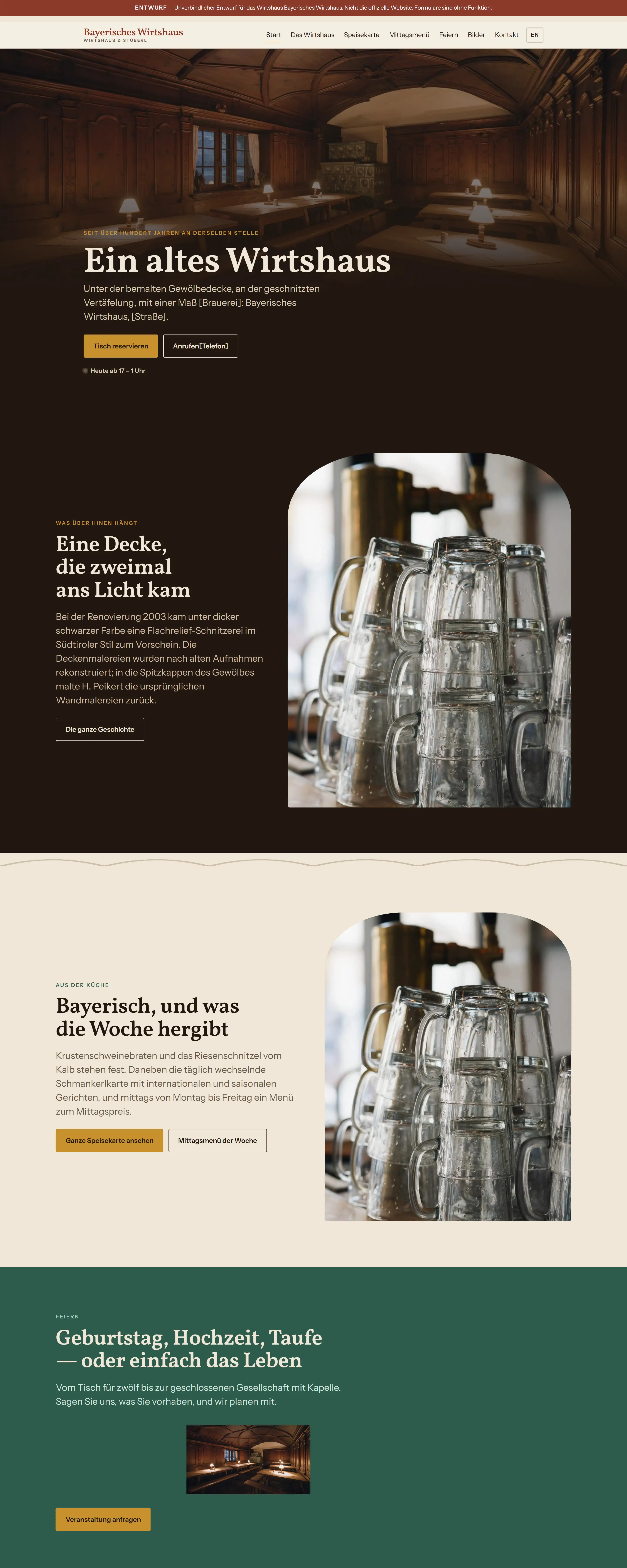 Startseite des anonymisierten Wirtshaus-Entwurfs: warmer Kopf, Bogenmaske, Aufnahme einer Wirtsstube.